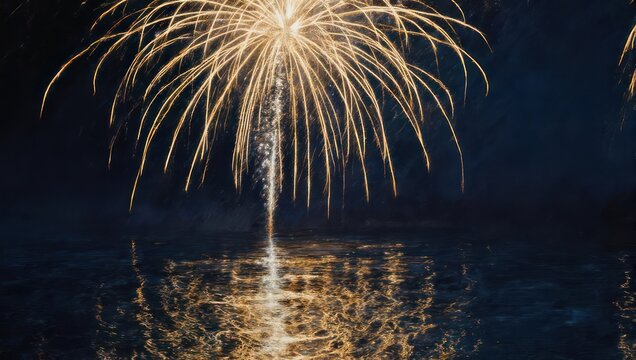 Brilliant golden fireworks explode over water, creating a shimmering reflection