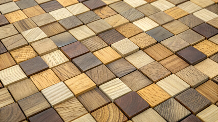 Close up of a textured background made of small, square wooden blocks in various natural wood tones and shades