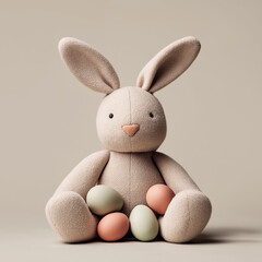 Sweet plush bunny sits upright cuddling colorful eggs on neutral background.