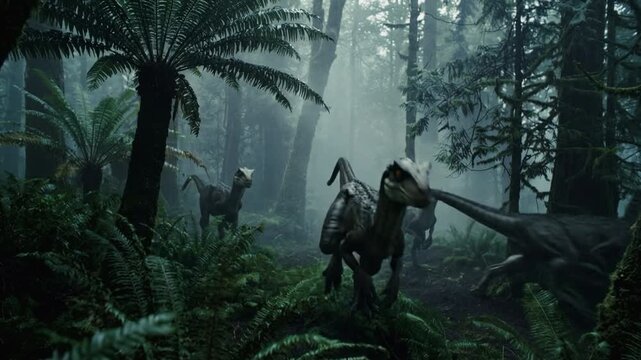 A Pack of Raptors Run Through a Misty Prehistoric Forest, Running Between Towering  Trees, Sprint to Hunt Pray, Intense Dinosaur Hunting Tension and Primeval Jungle Atmosphere