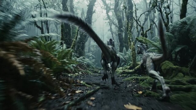A Pack of Raptors Run Through a Misty Prehistoric Forest, Running Between Towering  Trees, Sprint to Hunt Pray, Intense Dinosaur Hunting Tension and Primeval Jungle Atmosphere