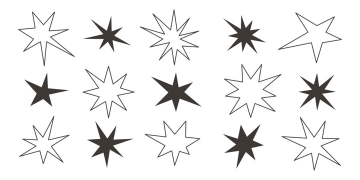 Black and white sharp shapes collection. Bright irregular sparks and twinkles set. Abstract edgy sparkle and stars elements pack. Asymmetry angular forms bundle for banners, collages, posters, sticker