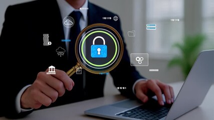 4k, Cybersecurity and Blockchain Security in Digital Data Protection. Businessman with cybersecurity and blockchain icons, encryption, and decentralized for financial security, privacy, and online  - Powered by Adobe