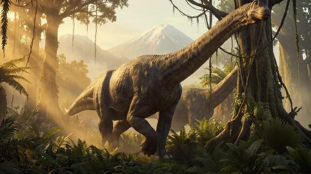 Sauropod Dinosaurs Slowly Migrate Through a Lush Prehistoric Rainforest at Sunrise, Towering Over Ferns and Palms as Golden Light Filters Between Trees, Primeval Wilderness, Dinosaur Exploration.