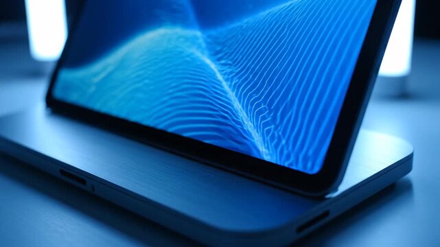 Close-up of an open laptop, backlit in cool blue ambient light.