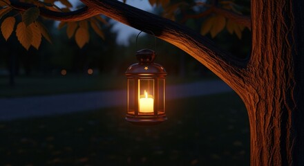 Lit lantern hangs from a tree branch at dusk
