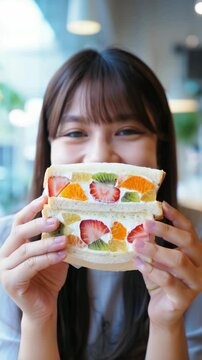 Japanese fruit sando with colorful fruits and whipped cream, sandwich with strawberries kiwi and oranges, sweet treat with cafe aesthetic, pastel dessert in young woman's hands, fresh fruit layers