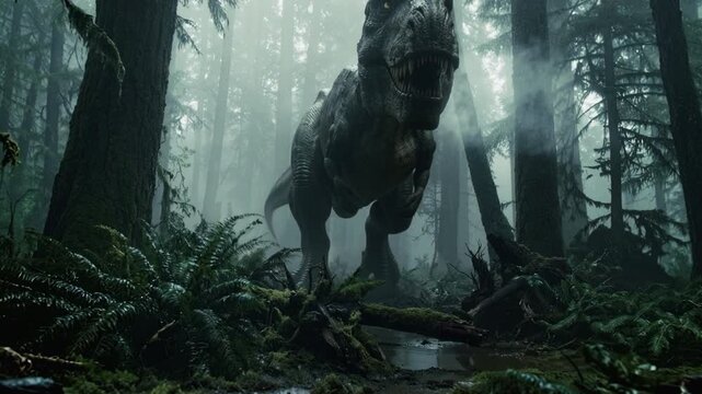 Ferocious Tyrannosaurus Rex Charges Through Prehistoric Forest, Stomping Over Ferns and Roots as Breath Steams in Cold Air, Intense Dinosaur Chase Action and Immersive Primeval Prey Hunting Adventure