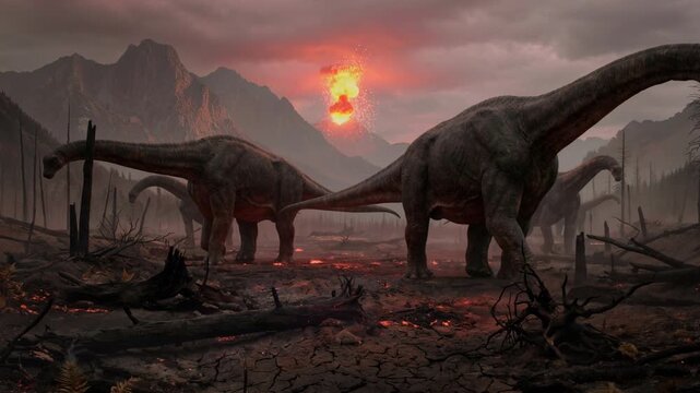 Dinosaurs Trudge Across a Smoldering Volcanic Wasteland as Ash Drifts, Lava Glows Underfoot, Distant Eruption Ignites, Apocalyptic Prehistoric Migration, Survival Tension, Cinematic Dinosaur Disaster