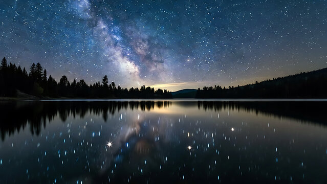 Stunning Milky Way Galaxy Over Serene Mountain Lake at Night