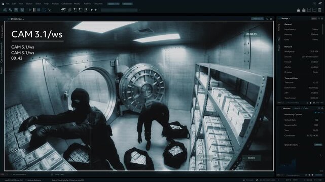Two Masked Male Robbers in Tactical Black Gear Rapidly Loot a High Security Bank Vault, Stuffing Stacks of Cash Into Duffel Bags as CCTV Surveillance Camera Footage Captures Robbery in Progress