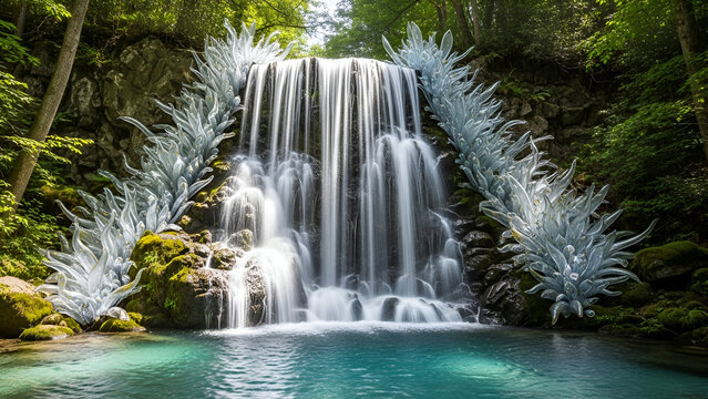 A serene natural landscape featuring a flowing water cascade over mossy rocks in a lush green rainforest park during a wet spring - Powered by Adobe