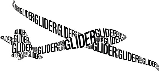 Black and white word cloud forming the shape of a glider aircraft in flight