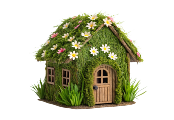 Rustic moss cottage with flowering roof and arched wooden entrance door, isolated on a transparent background