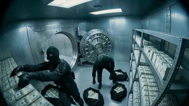Two Masked Male Robbers in Black Tactical Outfits Frantically Strip Shelves of Cash Inside a Fortified Bank Vault, Stuffing Duffel Bags With Bundles of Money in a Tense