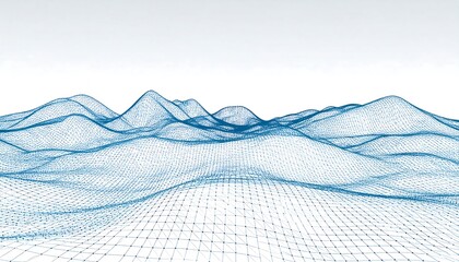 A serene image showcasing a wireframe landscape. Blue, intricate lines form rolling hills against a pristine white backdrop