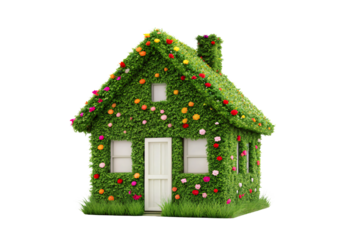 Green plant-covered house with colorful flower blooms and chimney detail, isolated on a transparent background
