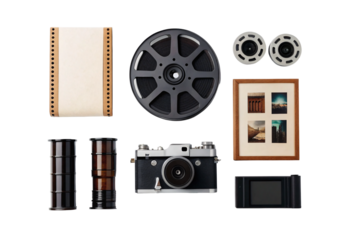 Vintage film photography equipment including reels, camera, film rolls and framed photos, isolated on a transparent background