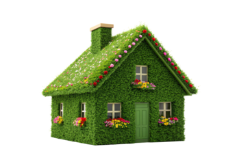 Ivy-covered cottage with flowering roof and window boxes full of blooms, isolated on a transparent background