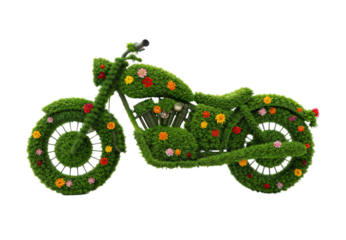 Artistic ATV vehicle topiary decorated with vibrant moss and blooming flowers, isolated on a transparent background