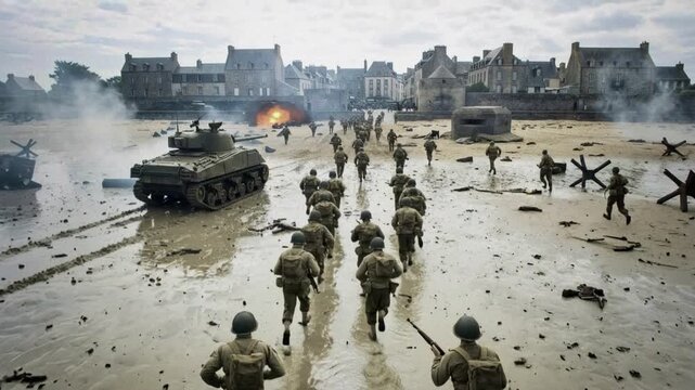 World War 2 Beach Landing Soldiers Storming Ashore From Landing Craft Beside a Moving Tank, Advancing Under Smoke, Explosions, and Gunfire Toward Fortified Town Defenses in Dramatic Battlefield Action