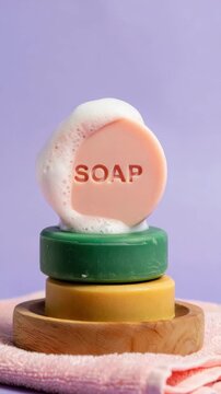 Bar of soap with foam on stacked colorful bars and towel on purple background