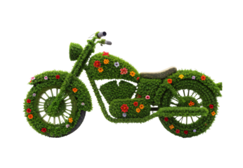 Vintage grass-covered motorcycle with vibrant flower decorations displayed artistically, isolated on a transparent background