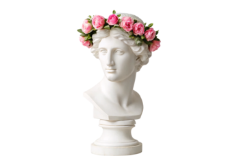 Classical white bust wearing pink rose flower crown headpiece, isolated on a transparent background