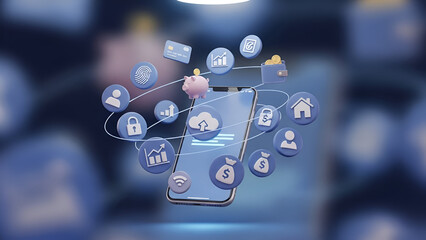 A hand touches a digital tablet screen displaying a social media network connection concept with mobile app symbols and internet technology icons for global business communication