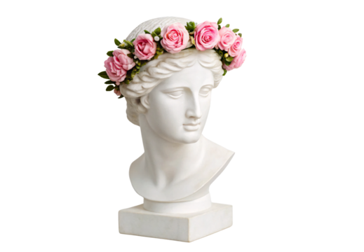 Neoclassical white sculpture bust decorated with delicate pink rose garland, isolated on a transparent background - Powered by Adobe