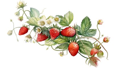 close up Hand drawn illustration of strawberry with branches, strawberry vines plant isolated on white background