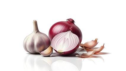 onions and garlic slices One red onion and one garlic on an isolated background