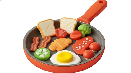 vegetables on a white background 3d illustration of food preparing in a frying pan cartoon isolated.