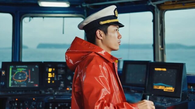 Ship captain wearing a red raincoat.