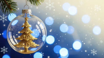 Golden christmas tree ornament hanging from fir branch