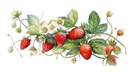 wild strawberry Hand-drawn illustration of strawberry with branches, strawberry vines plant isolated on white background