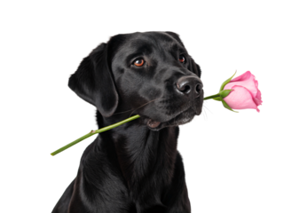 Black labrador retriever carrying pink rose flower stem in mouth, isolated on a transparent background