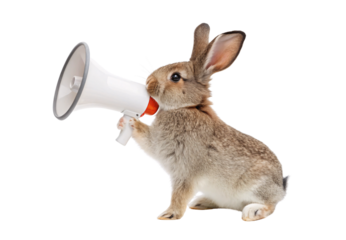 Brown rabbit holding white megaphone speaking announcement with large ears upright, isolated on a transparent background