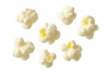 Popcorn kernels falling, crunchy movie snack, buttered puffed corn food on transparent background