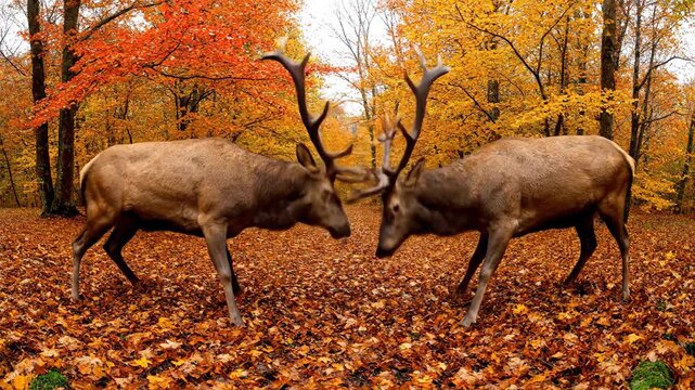Two deer butting heads in forest during autumn season.