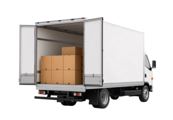 White cargo truck rear view with open doors revealing organized cardboard packages, isolated on a transparent background