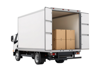 White delivery truck with open rear doors showing stacked cardboard boxes, isolated on a transparent background