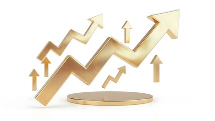 business graphs with arrows Gold up arrow success isolated on white 3d background with growth direction graph graphic symbol or golden economy stock profit chart icon element and investment financial 