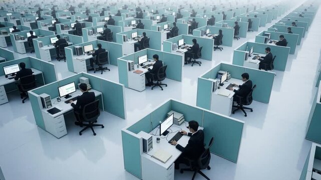 Wide Aerial Shot Office Workers in Identical Cubicles Typing on Dual Monitors, Managing Corporate Tasks, Illustrating Structured Symmetrical Workflow, Large-scale Business in Modern Office Maze