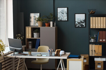 Modern office workspace featuring computer monitor, desk accessories, potted plants, organized shelves with folders and framed art, sunlight streaming through window blinds