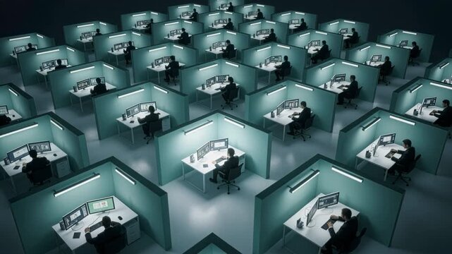 Aerial View Glides Over a Vast Teal Cubicle Maze Where Suited Office Workers Silently Type, Monitor Dashboards, and Process Corporate Data, Illustrating Synchronized Analytics, Digital Surveillance