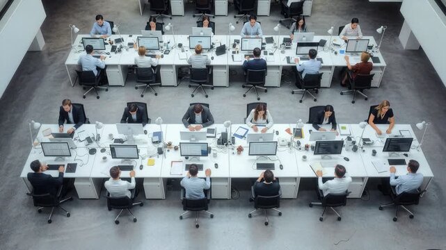 Overhead Camera Tracks Across Office Professionals in Business Attire Type on Computers, Analyze Spreadsheets, Corporate Teamwork, Modern Workplace Productivity.