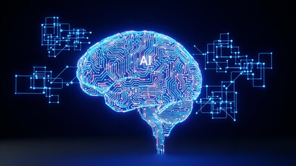 A 3D medical human brain x-ray scan glows with blue energy like a digital earth globe, representing the intersection of science, technology, and the human mind across the global internet world