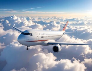 Obraz premium A sleek, white passenger jet soars through a vast, fluffy sea of clouds, illuminated by sunlight. The sky is a beautiful blue