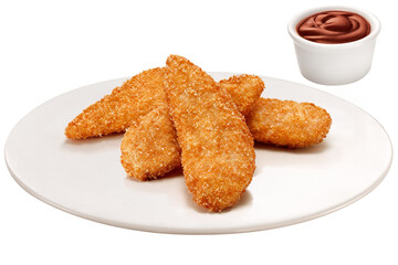 prato com filé de frango empanado acompanhado de pote de molho barbecue isolado em fundo transparente